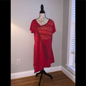 Coline Red Paisley Striped Asymmetrical Hem Dress